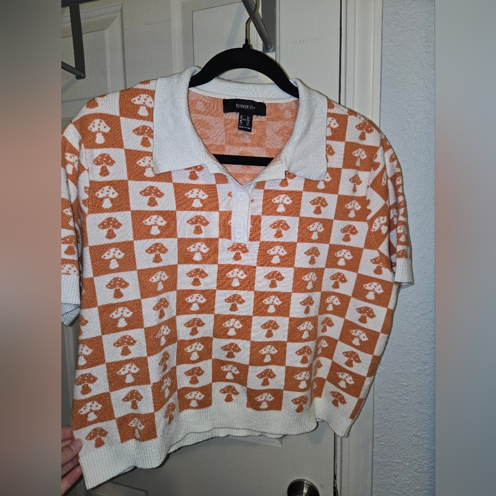 Forever 21 Orange and White Checkered Polo Shirt Size 2X